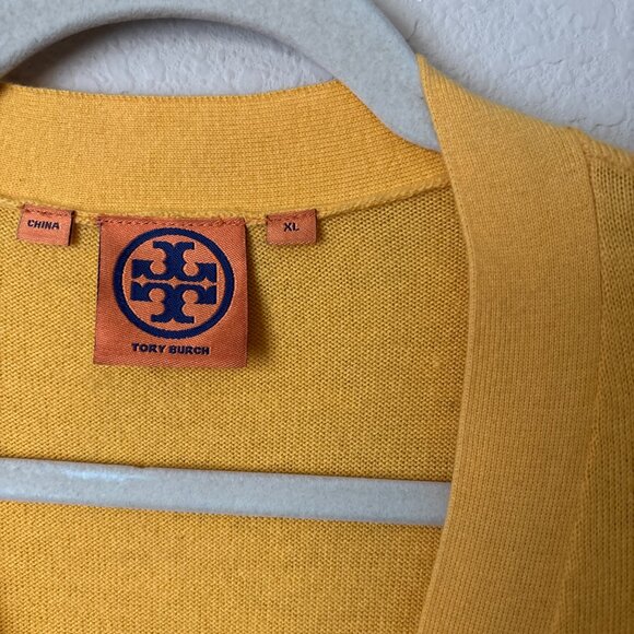 Tory Burch XL Cotton Cashmere Blend Canary Yellow Logo Button Cardigan Sweater - Picture 2 of 10